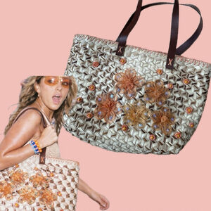 Vintage Browns Italy Woven Straw Tote Bag Floral Beaded Leather Handles